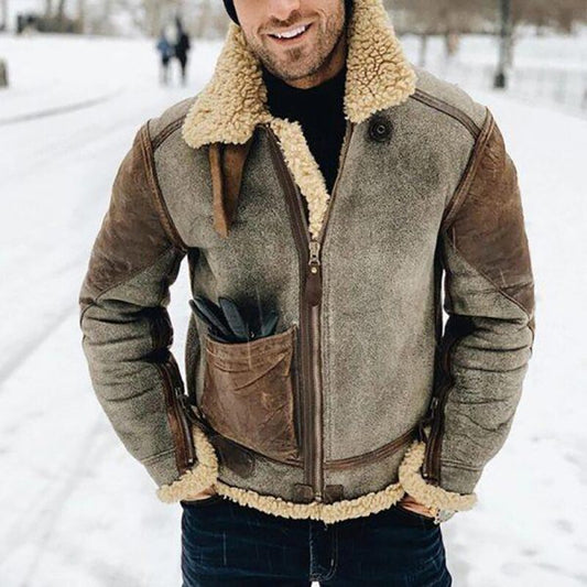 Winter Warm Mens Fashion Zip-up Overcoats Long Sleeve Faux Fur Jackets Men Vintage Woolen Turn-down Collar Coats Streetwear