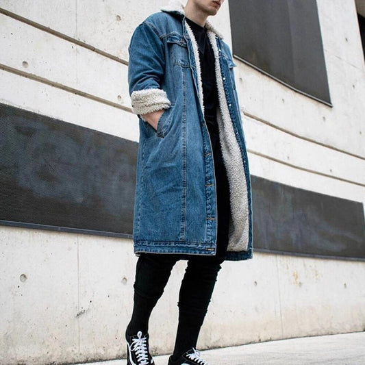 Plain Pocket Lapel Mid-Length Fleece Men's Trench Coat