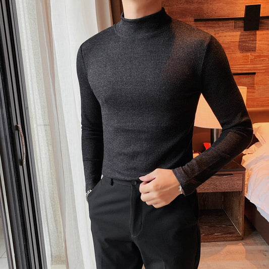 Plus Size 4XL-M Autumn Winter New Elastic Slim Fit Turtleneck Long Sleeve T-Shirts Men Clothing Casual Pullovers Tee Shirt Homme