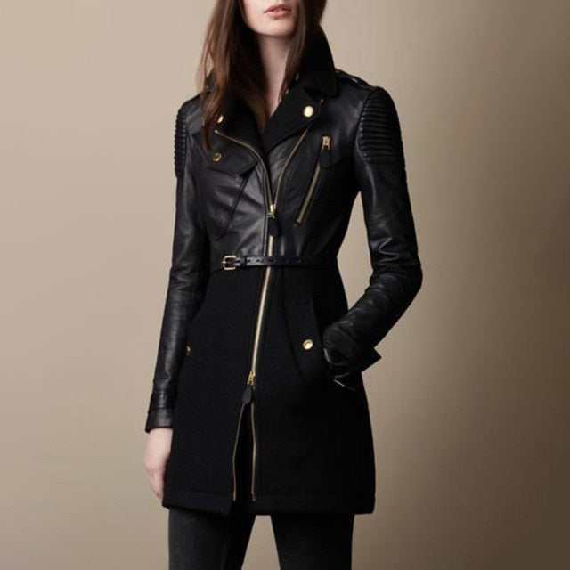 Women Long Sleeve Slim Sexy  Wool Faux Leather Jacket Splicing Zipper Mid-Length Coat Western Fashion Winter Autumn Trench Y2k