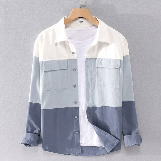Long Sleeve Patchwork Shirt for Men Pure Cotton Casual Blouse Male Autumn Winter New Tops Man Vintage Clothing
