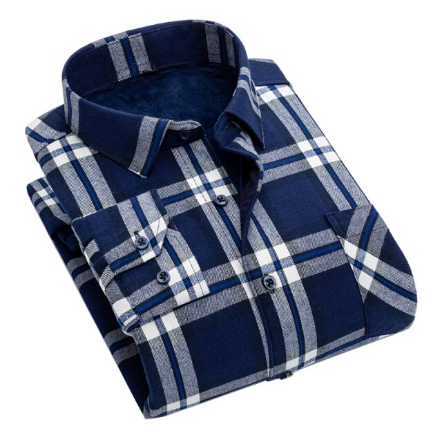 AOLIWEN Flannel 100% Cotton Plus Velvet Thick Long Sleeve Warm Shirts For Men Casual Warm Clothes Men Plaid Cold Proof Shirts