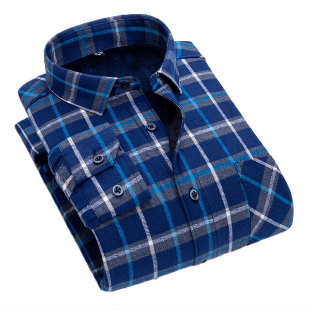 AOLIWEN Flannel 100% Cotton Plus Velvet Thick Long Sleeve Warm Shirts For Men Casual Warm Clothes Men Plaid Cold Proof Shirts