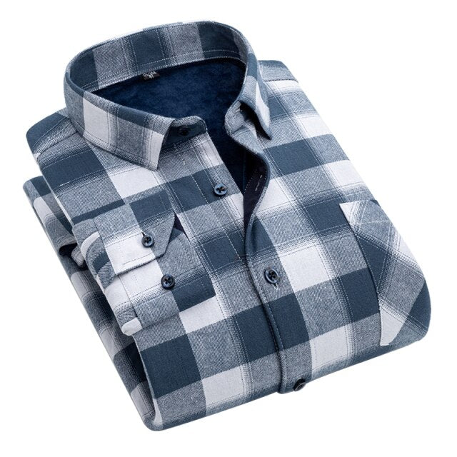AOLIWEN Flannel 100% Cotton Plus Velvet Thick Long Sleeve Warm Shirts For Men Casual Warm Clothes Men Plaid Cold Proof Shirts