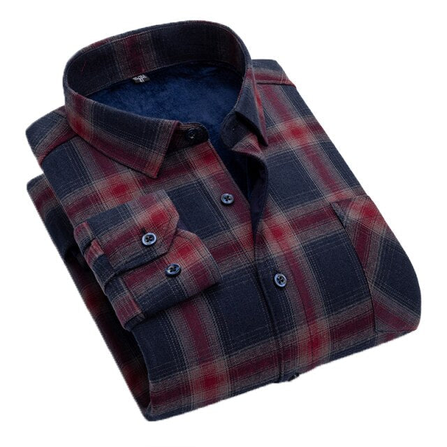 AOLIWEN Flannel 100% Cotton Plus Velvet Thick Long Sleeve Warm Shirts For Men Casual Warm Clothes Men Plaid Cold Proof Shirts