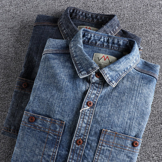 maoxiangshop Men Clothing American Retro Washed Old Denim Shirt Men's Tooling Thick and Rough Denim Trendy Loose Long-sleeved Shirt