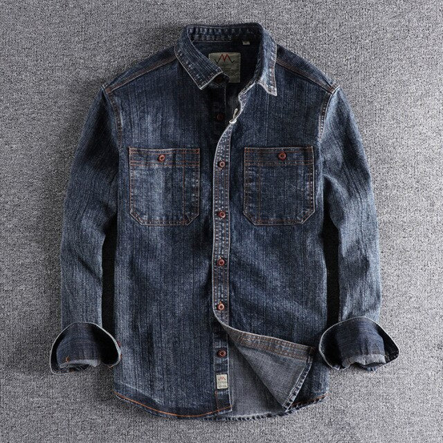 maoxiangshop Men Clothing American Retro Washed Old Denim Shirt Men's Tooling Thick and Rough Denim Trendy Loose Long-sleeved Shirt