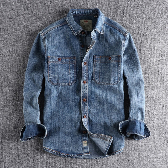 maoxiangshop Men Clothing American Retro Washed Old Denim Shirt Men's Tooling Thick and Rough Denim Trendy Loose Long-sleeved Shirt