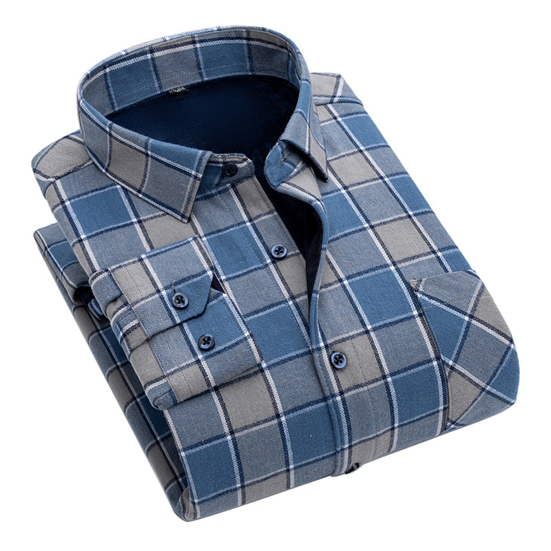 Men New 100% Cotton Plus Velvet Flannel Long Sleeve Check Shirts Men Casual Warm Clothes Winter Thick Warm Shirts