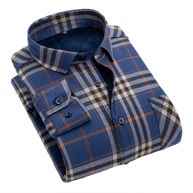 Men New 100% Cotton Plus Velvet Flannel Long Sleeve Check Shirts Men Casual Warm Clothes Winter Thick Warm Shirts