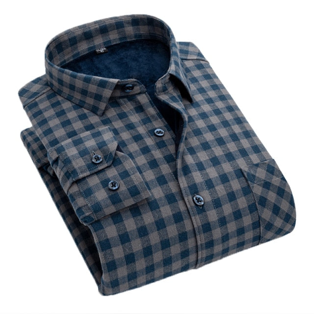 Men New 100% Cotton Plus Velvet Flannel Long Sleeve Check Shirts Men Casual Warm Clothes Winter Thick Warm Shirts