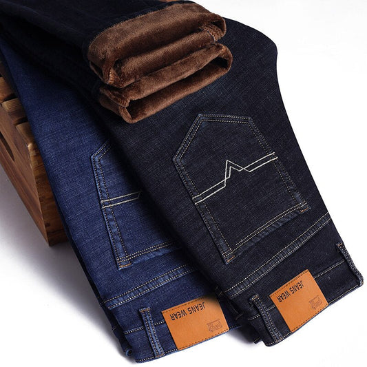 maoxiangshop Stretch Jeans Mens Winter Quality Famous Brand Fleece Pants Men Straight Flocking Trousers Jean Male