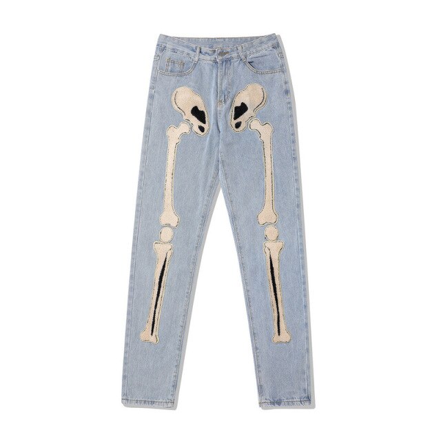 Vouge Bone Towel Embroidery Punk Retro Straight Men Pants Jeans Casual Vintage Streetwear Denim Trousers Pantalones Hombre