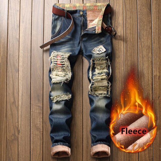 maoxiangshop Winter Brand Fleece Thick Warm Straight Jeans Classic Trend Fashionable Hole Embroidery Men's Fitted Denim Jeans