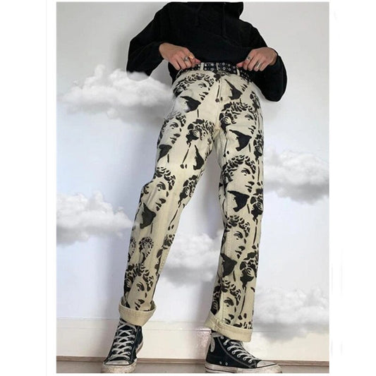 Printed Statuary Jeans Loose Straight Men Denim Biker Casual Pants Hip Hop Man Jean Hombre Pantalon Artistic Work Jeans Size S-3