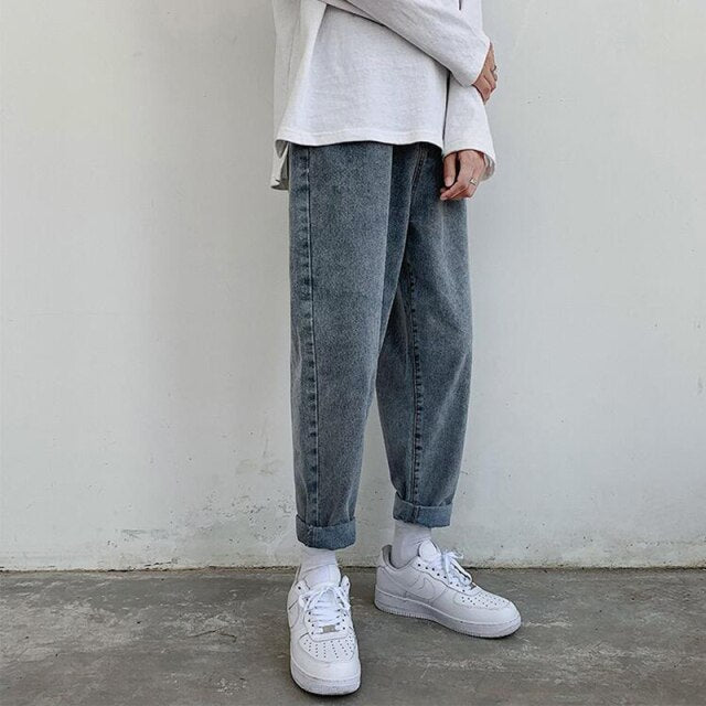 Light Color Retro Denim Pants Men's Korean Summer Youth Straight Loose Wide Leg Casual Pants