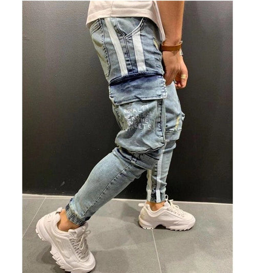 New Men Skinny Jeans Ripped Jeans Destroyed Frayed Side stripe Jeans Slim Fit Pant Denim Pants Men Jeans cargo pants