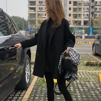 Women Woolen Double Breasted Long Trend Coat Autumn Winter Casual Long Sleeve Overcoat Loose Vintage Fashion Outwear Jacket