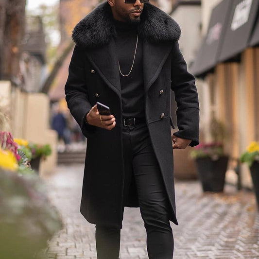 maoxiangshop New Men's Long Coats Winter Men Faux Fur Collar Wool Jacket Overcoat Black Fashion Autumn Oversize Male Casual Outwear Coat Chic