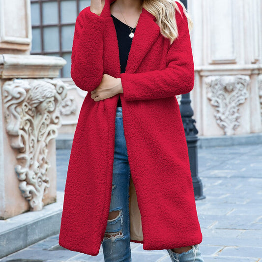 Women's autumn and winter new mid-length lapel wool cardigan lamb wool coat