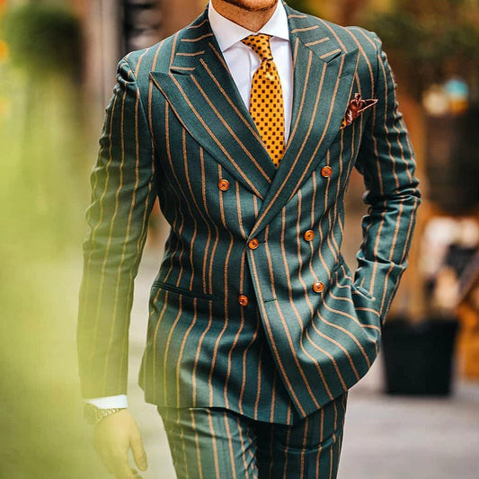 maoxiangshop Men Business Blazer Spring Autumn British Style Casual Slit Pocket Green Stripes Printed Full Sleeve Double Breasted Button
