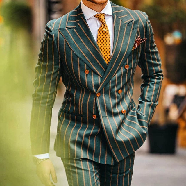 maoxiangshop Men Business Blazer Spring Autumn British Style Casual Slit Pocket Green Stripes Printed Full Sleeve Double Breasted Button