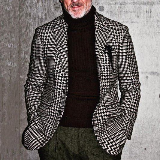 maoxiangshop Men Blazer Houndtooth Casual Business Men's Jacket Single-Breasted Slim Fit Plaid Blazer Autumn Winter Full Sleeve