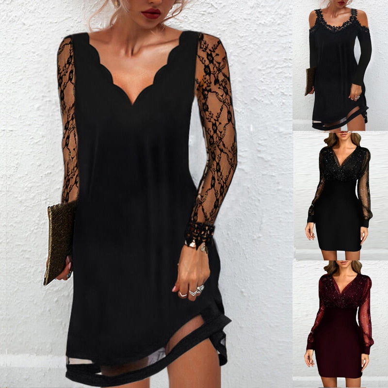 Women's Sexy Dress Autumn Elegant Lace Long Sleeve Mesh Patchwork Dresses V-neck Sequins Party Dress Office Lady Bodycon Dress