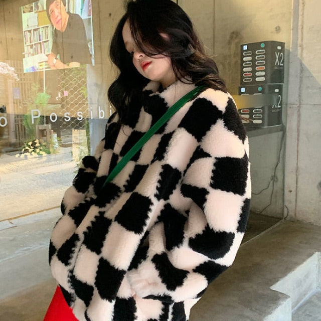 Women Faux Fur Teddy Basic Jackets Plaid Checkerboard Outerwear Coats Female Overcoat Winter Coat Womens Fashion Vintage