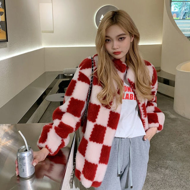 Women Faux Fur Teddy Basic Jackets Plaid Checkerboard Outerwear Coats Female Overcoat Winter Coat Womens Fashion Vintage