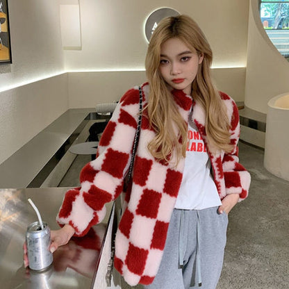 Women Faux Fur Teddy Basic Jackets Plaid Checkerboard Outerwear Coats Female Overcoat Winter Coat Womens Fashion Vintage