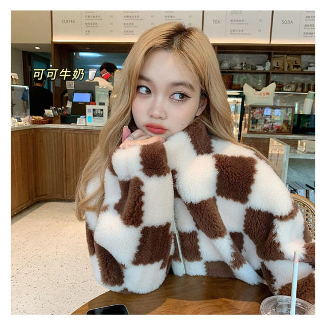 Women Faux Fur Teddy Basic Jackets Plaid Checkerboard Outerwear Coats Female Overcoat Winter Coat Womens Fashion Vintage