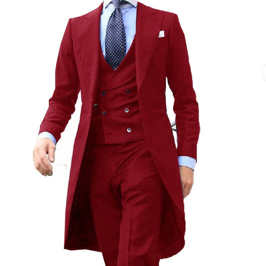 New Arrivel Long Coat Designs Chinese Red Men Suit Gentle mens Tuxedo Prom Blazer Custom 3 Pieces (Jacket+vest+Pants)