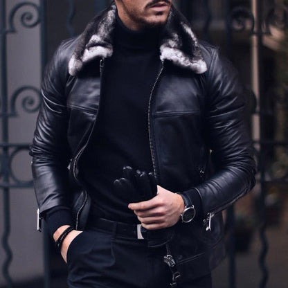Cool Men Leather Jacket Faux Fur Collar Zip Up Man Outwear Man Motorcycle Windbreaker Black PU Coat Autumn Winter Clothing