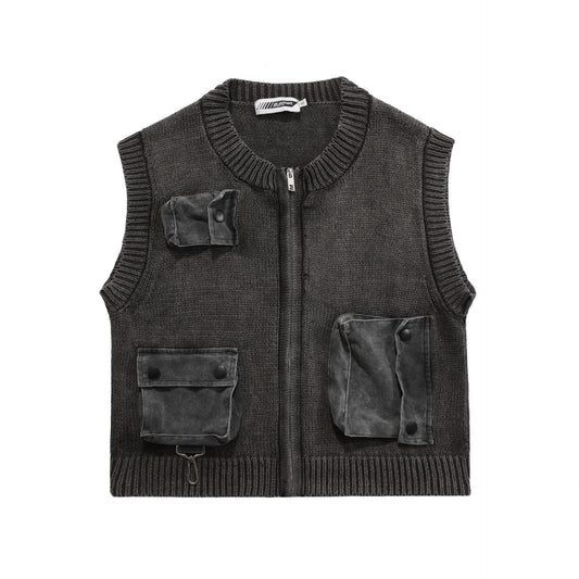 Men's Streetwear Vintage Knitted Vest Men Three-dimensional Multi-pocket Autumn Winter  New Zipped Sleeveless Waistcoat