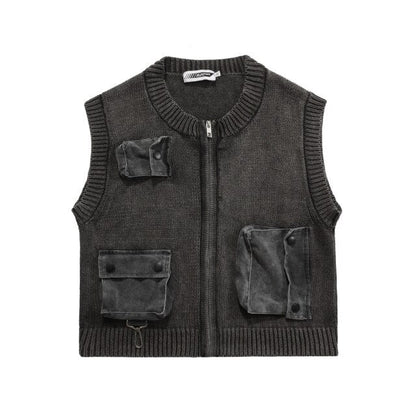 Men's Streetwear Vintage Knitted Vest Men Three-dimensional Multi-pocket Autumn Winter  New Zipped Sleeveless Waistcoat