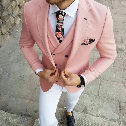 pink jacket with white pant men suits for business wedding street smart casual slim fit terno tailor made costume 3 pieces