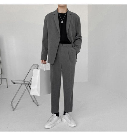 Men's Suit Two Pieces Set Simple Light Mature Loose Long Sleeve Suit Coat + Suit Pants Green High Quality New