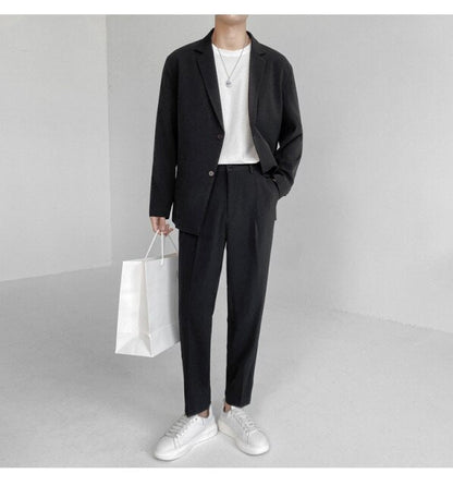 Men's Suit Two Pieces Set Simple Light Mature Loose Long Sleeve Suit Coat + Suit Pants Green High Quality New