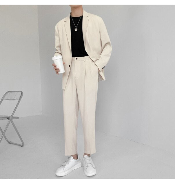 Men's Suit Two Pieces Set Simple Light Mature Loose Long Sleeve Suit Coat + Suit Pants Green High Quality New