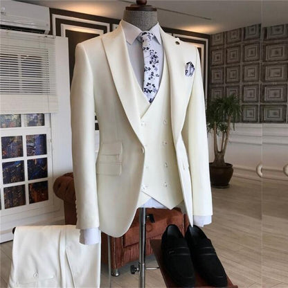 Formal Business Ivory White Men Suit 3 Pieces Slim Fit Custom Casual Groom Wedding Prom Suit Jacket Vest Pants Dress Tuxedo