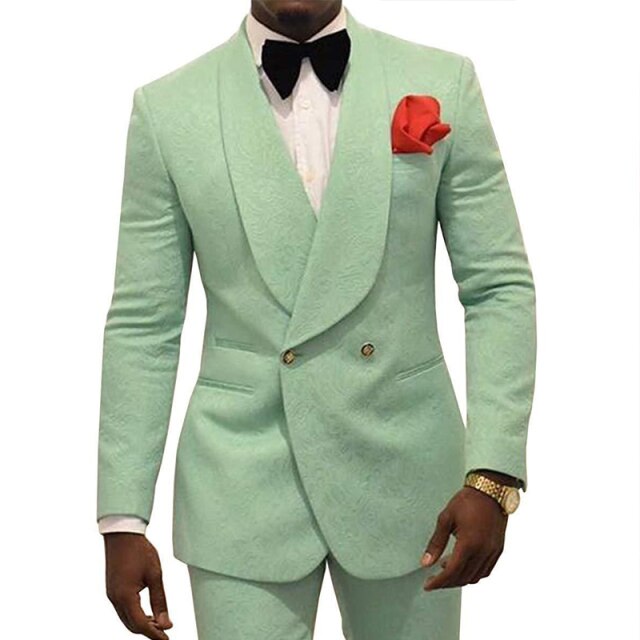 maoxiangshop Hot Light Green Jacquard Tailor Make Groom Tuxedos Double Breasted Slim Fit Mens Wedding Party Suits Bridegroom Blazer