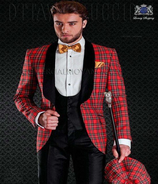 Red Two Button Groom Tuxedos Notch Lapel Men Suits Slim Fit Groomsmen Best Man Wedding Suits (Jacket+Pants+Vest+Tie)