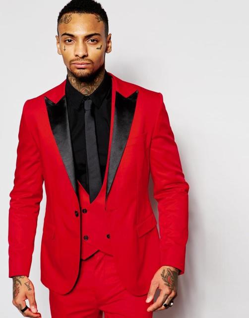 Red Two Button Groom Tuxedos Notch Lapel Men Suits Slim Fit Groomsmen Best Man Wedding Suits (Jacket+Pants+Vest+Tie)