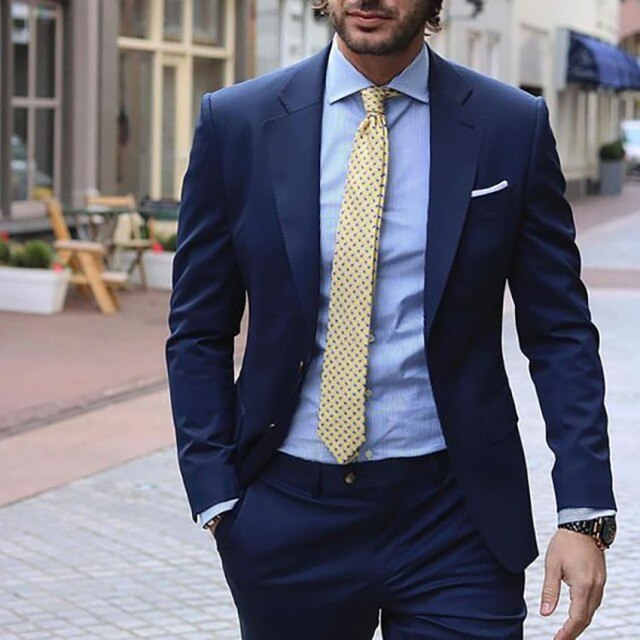 Navy Blue Suit Men Slim Fit Smart Business Men Suits Casual Street Suits Ternos Groom Wedding Suits For Men 2 Piece Jacket Pants