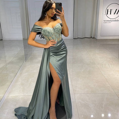 Sexy Prom Evening Dresses Long Off the Shoulder Party Dress Appliques High Split Cocktail Gown Saudi Arabia Dubai