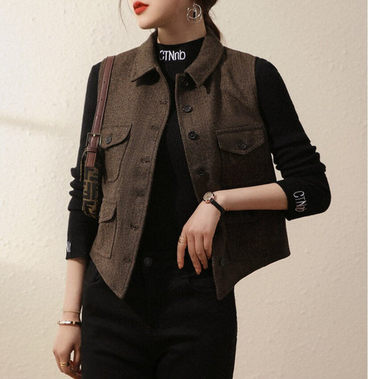 Women's Tweed Wool Vest Slim Fit Business Jacket Ladies Sleeveless Retro Waistcoat жилетка женская