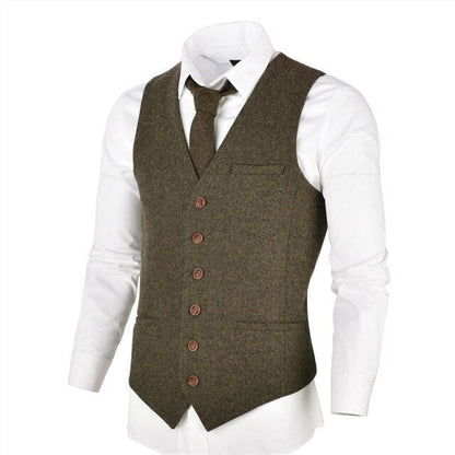 VOBOOM Wool Tweed Mens Waistcoat Single-breasted Herringbone Slim Fitted Suit Vests 007