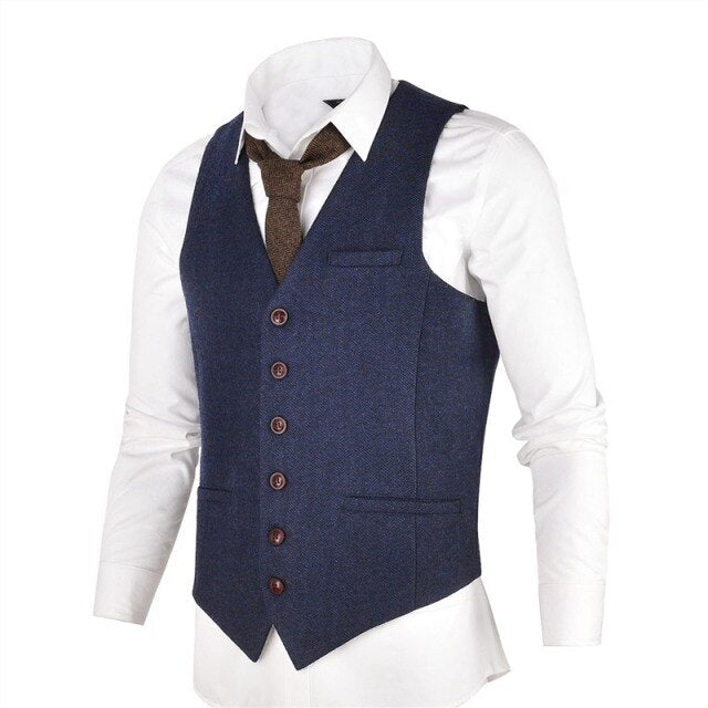 VOBOOM Wool Tweed Mens Waistcoat Single-breasted Herringbone Slim Fitted Suit Vests 007