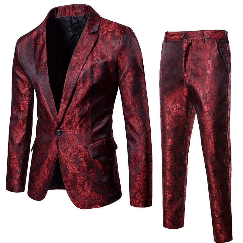 maoxiangshop (Jackets + Pants) Men Business Casual Slim Suit Sets Fashion printed Tuxedo Wedding formal dress Blazer stage performances Suit